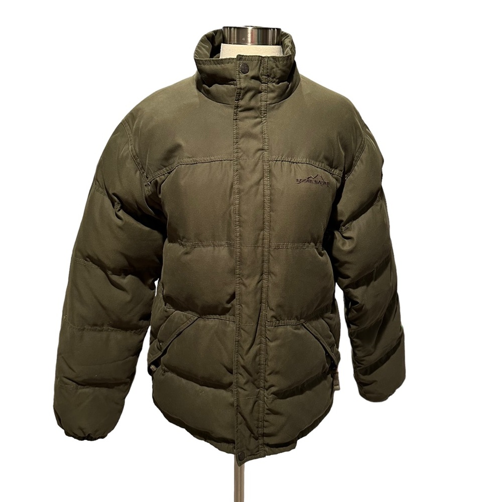 Eddie Bauer Goose Down Coat Mens EB650 Fill Power Zip Up Snap Button Green Small